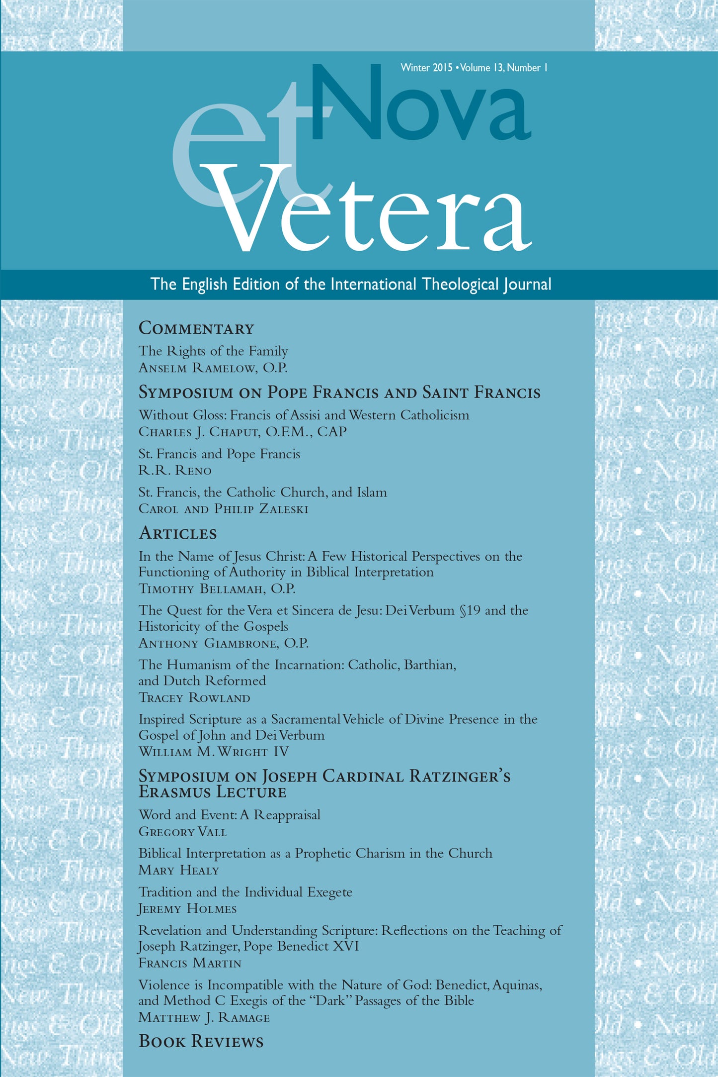 Nova et Vetera, Winter 2015 (Vol. 13, No. 1)
