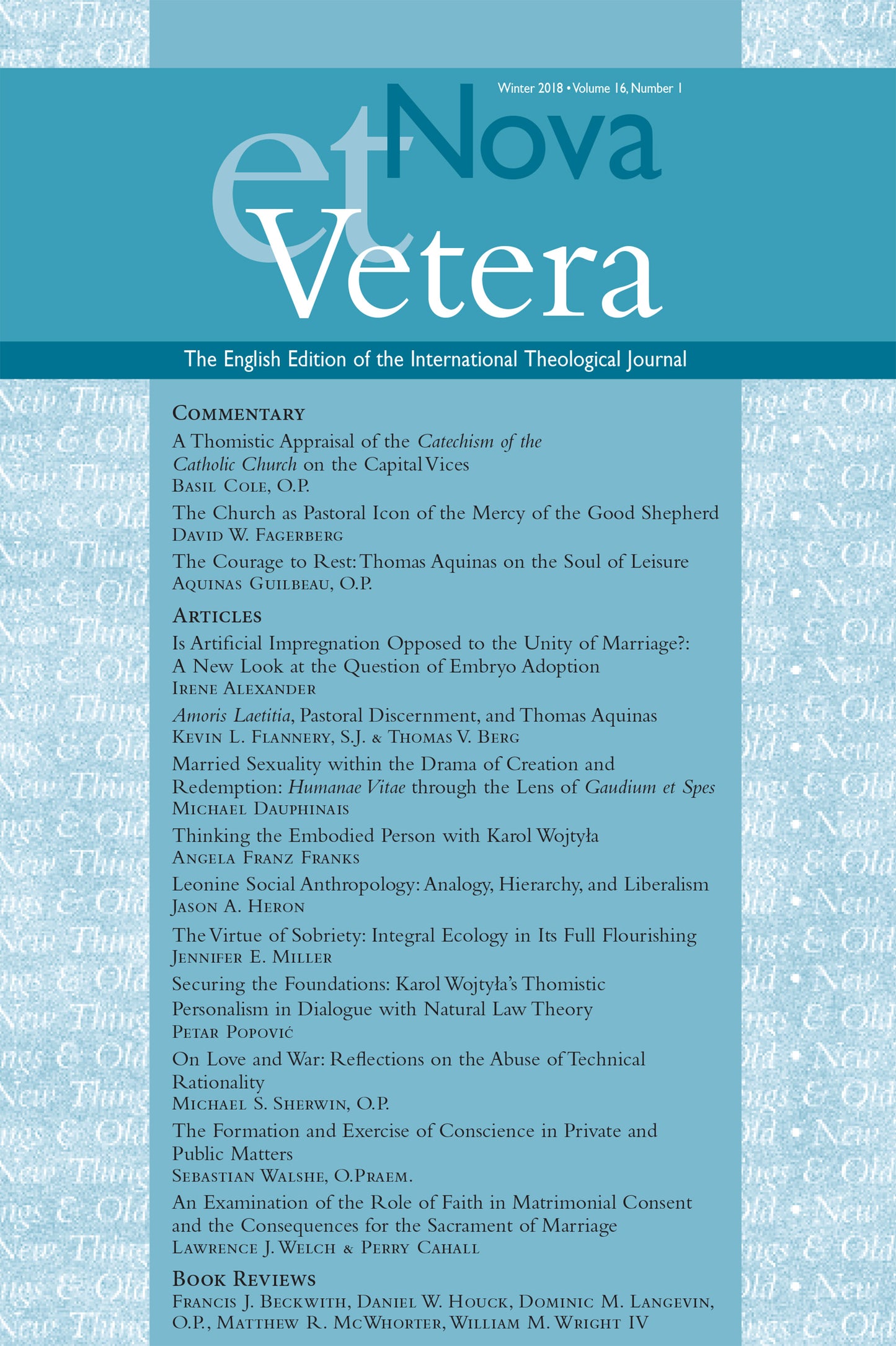 Nova et Vetera, Winter 2018 (Vol. 16, No. 1)