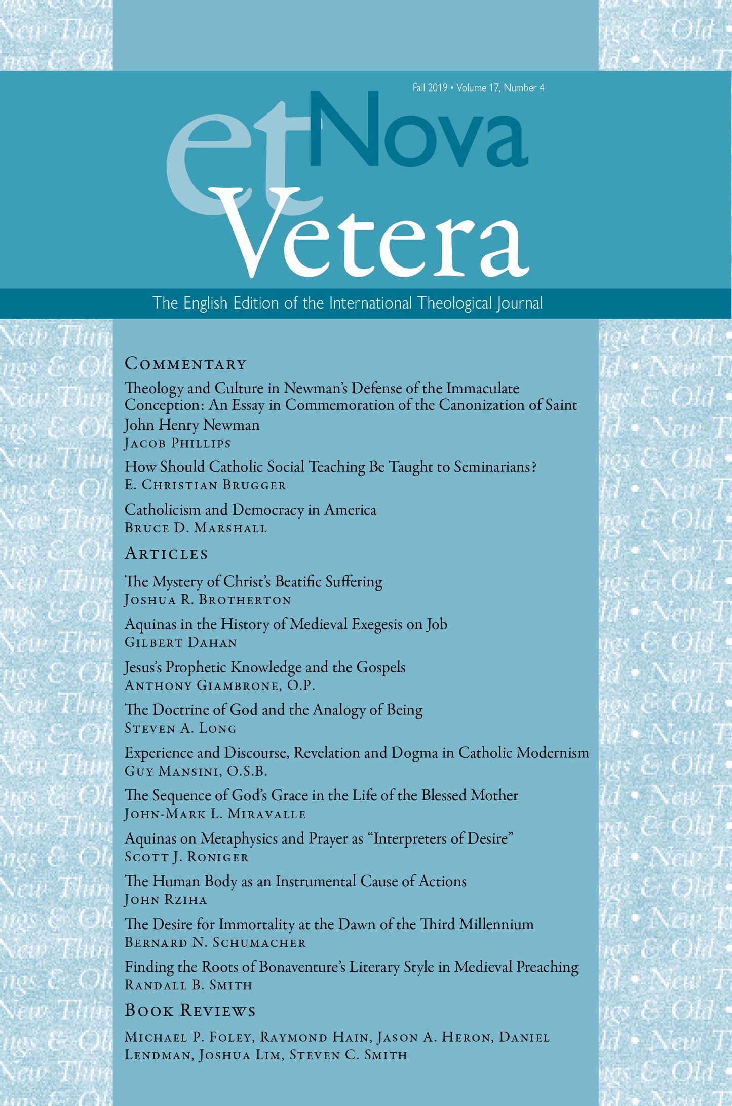 Nova et Vetera, Fall 2019 (Vol. 17, No. 4)