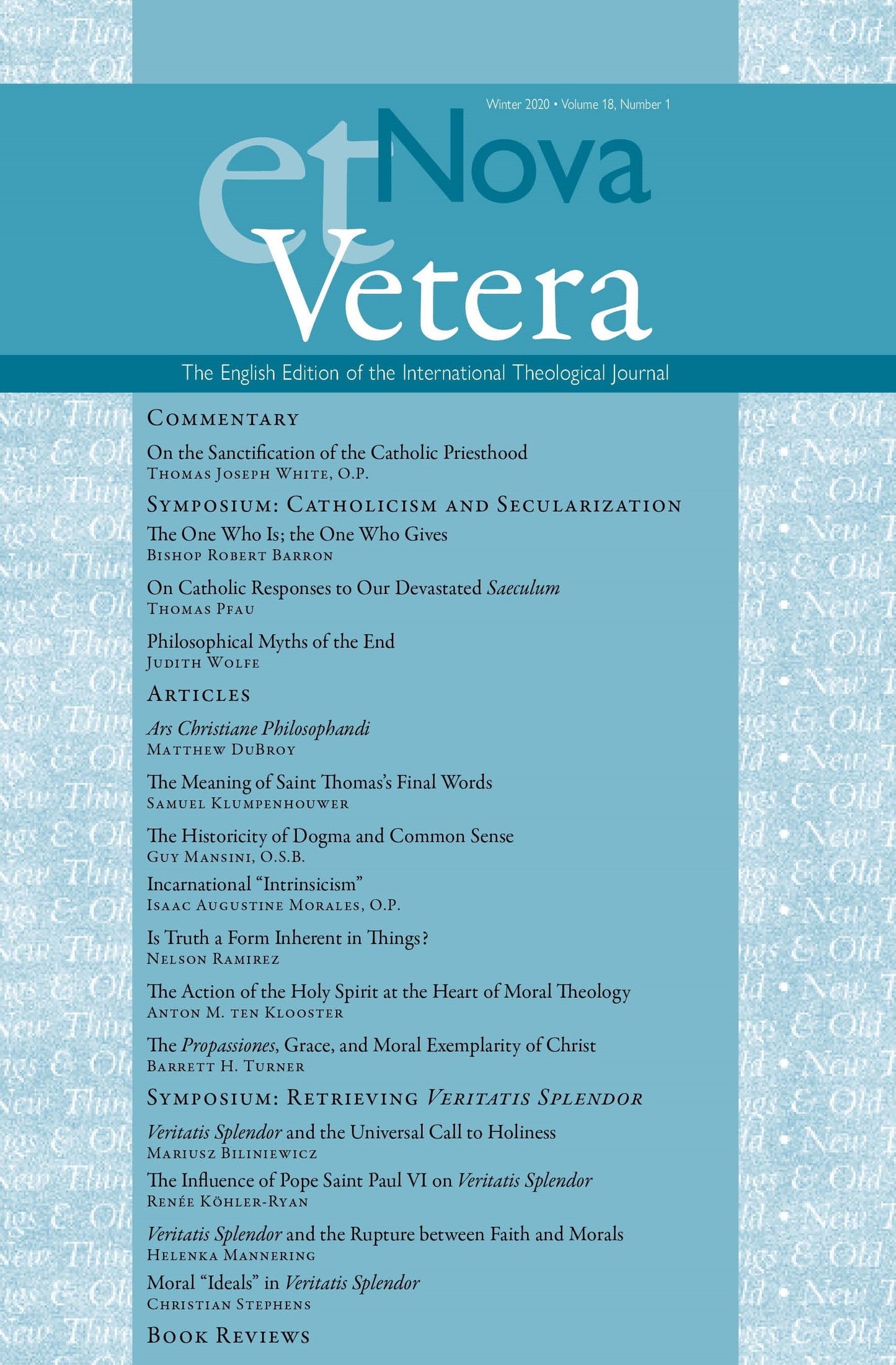 Nova et Vetera, Winter 2020 (Vol. 18, No. 1)