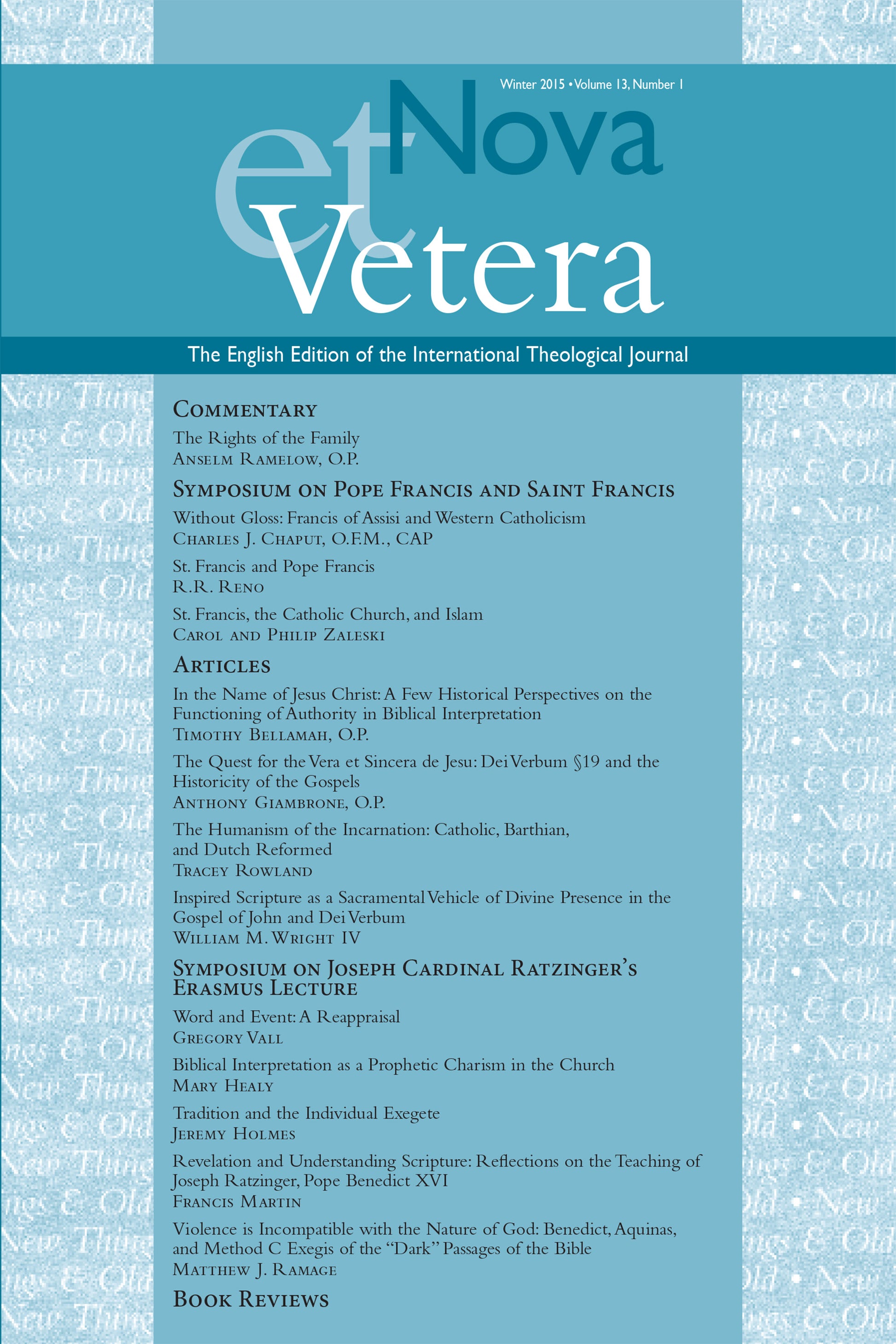 Nova et Vetera, Winter 2015 (Vol. 13, No. 1)