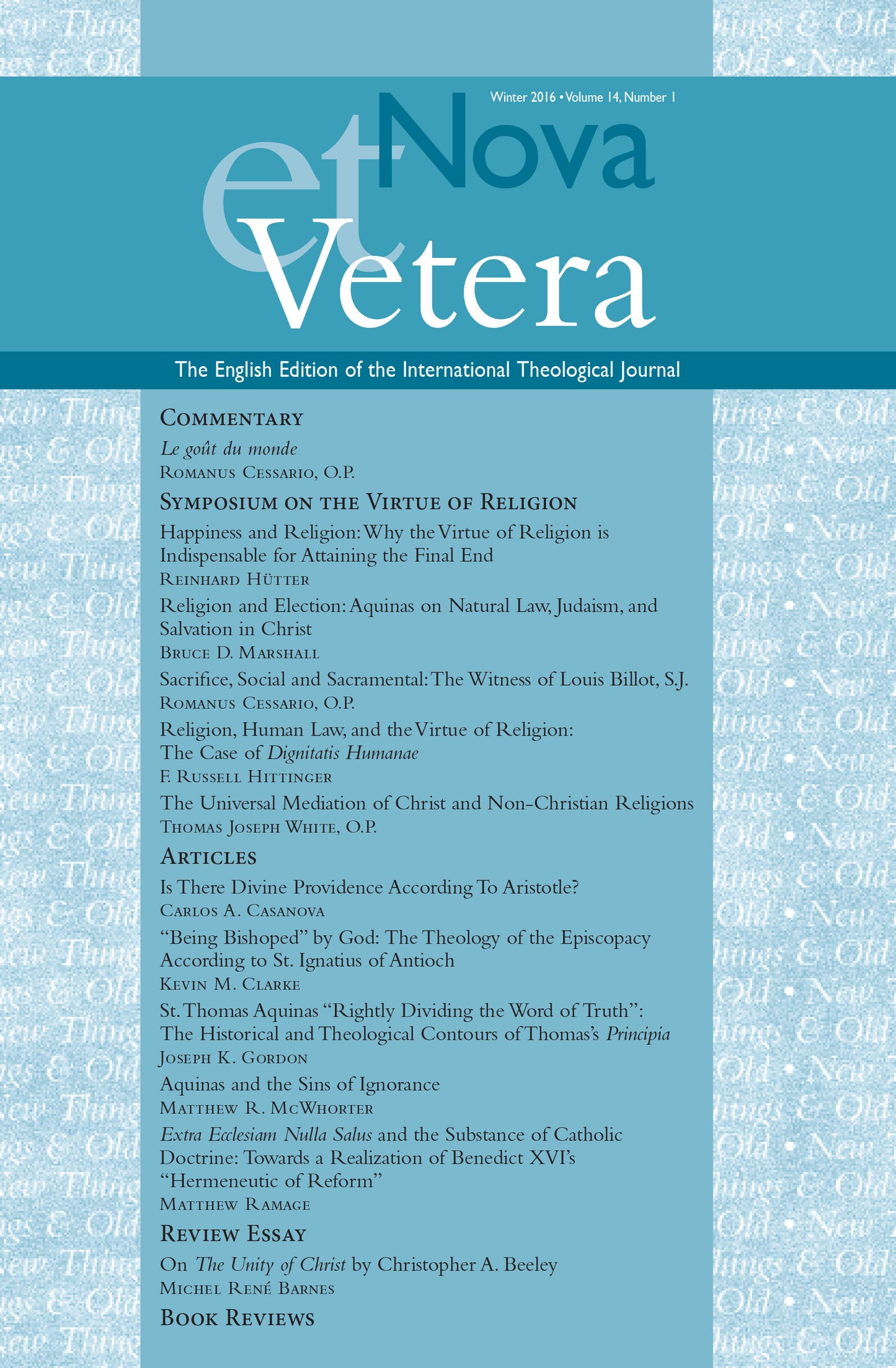 Nova et Vetera, Winter 2016 (Vol. 14, No. 1)
