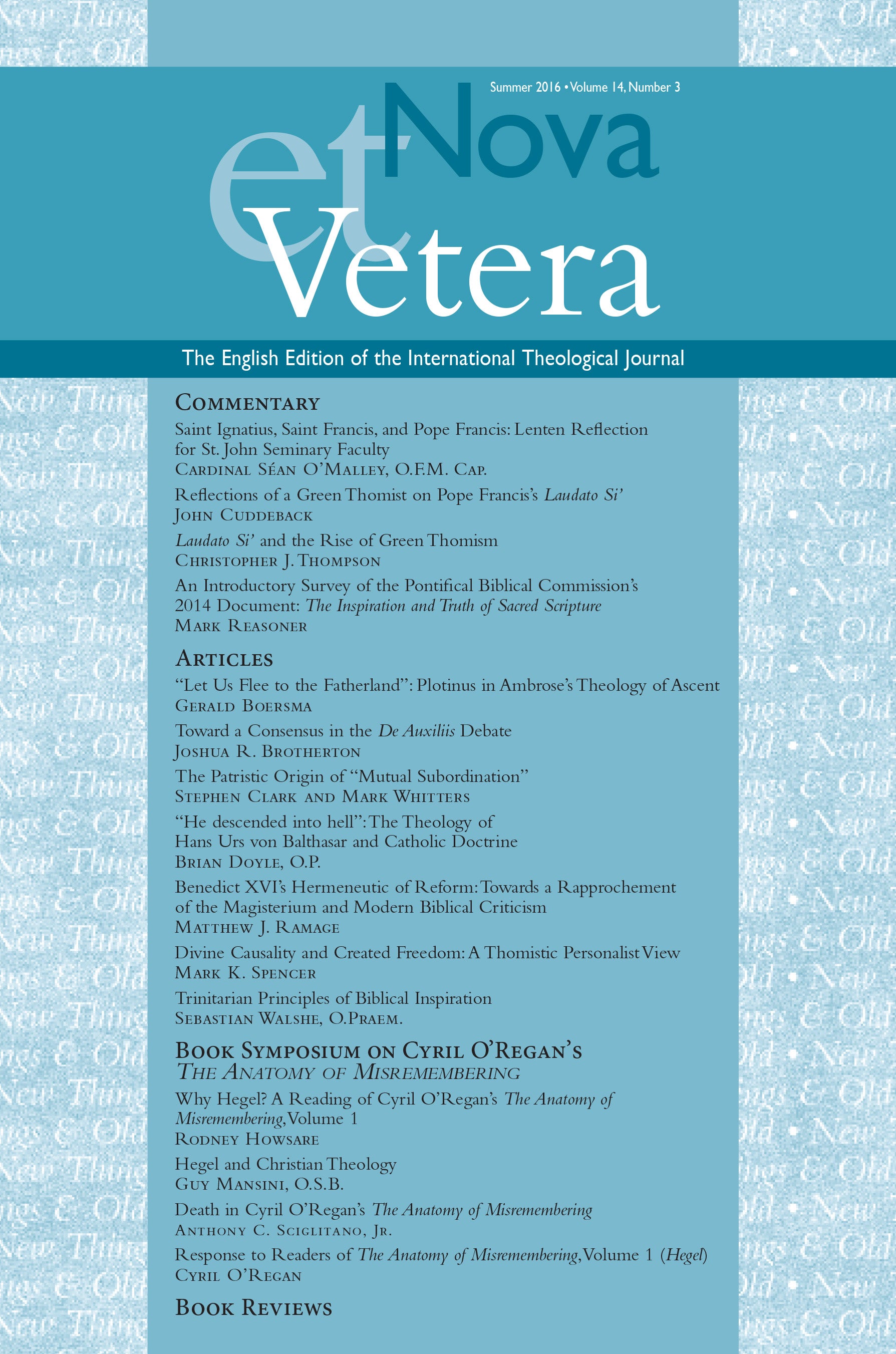 Nova et Vetera, Summer 2016 (Vol. 14, No. 3)