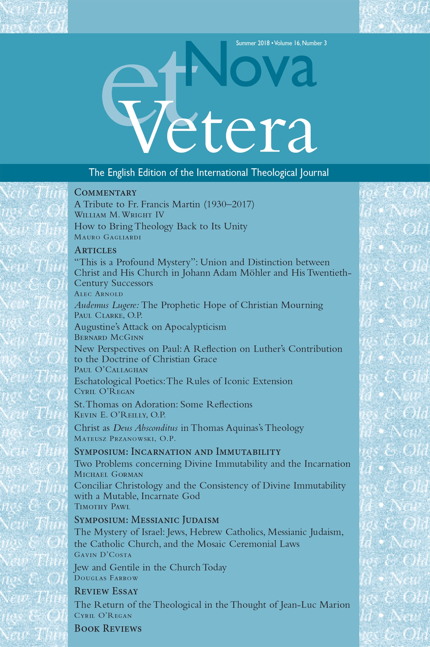 Nova et Vetera, Summer 2018 (Vol. 16, No. 3)