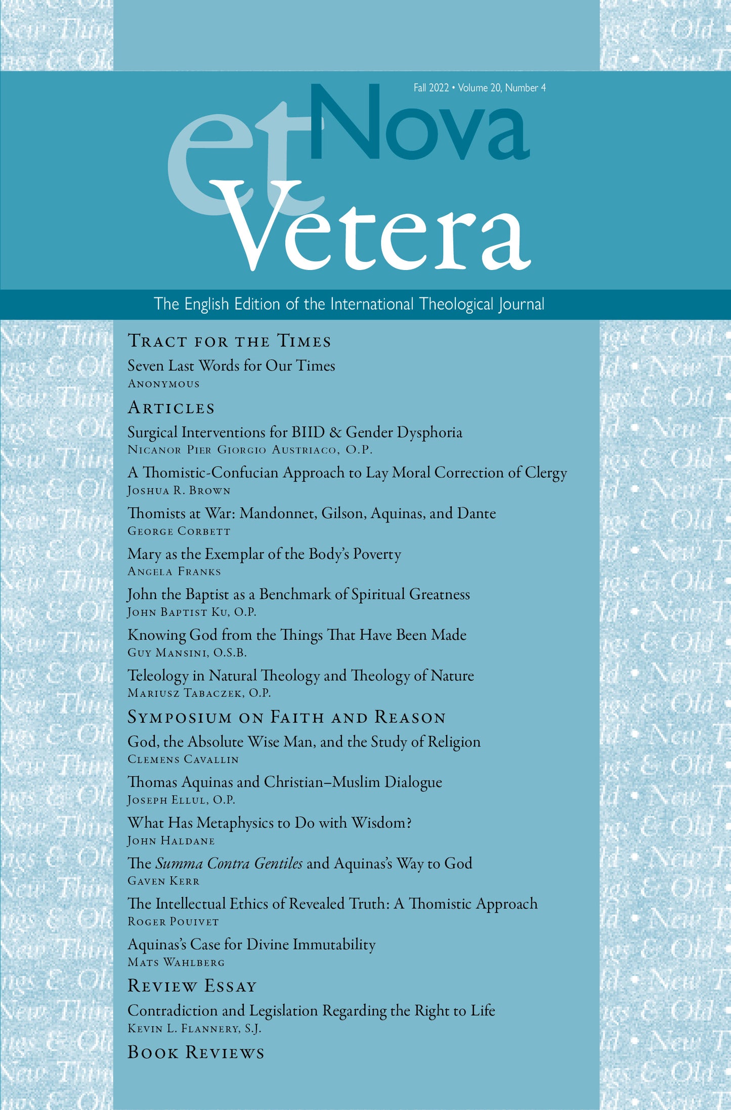 Nova et Vetera, Fall 2022 (Vol. 20, No. 4)